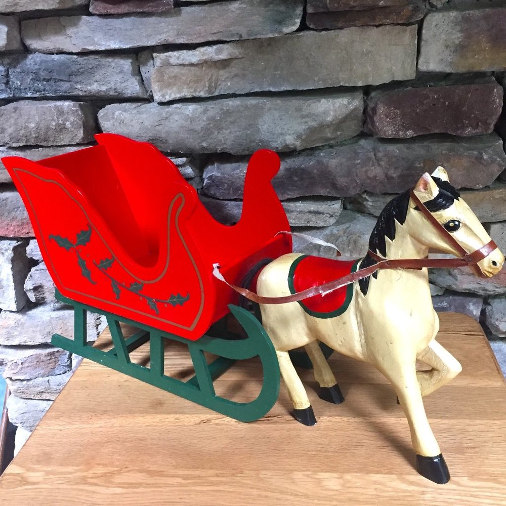 VTG Wood Horse Drawn Sleigh Christmas Centerpiece Planter Assemblage DIY